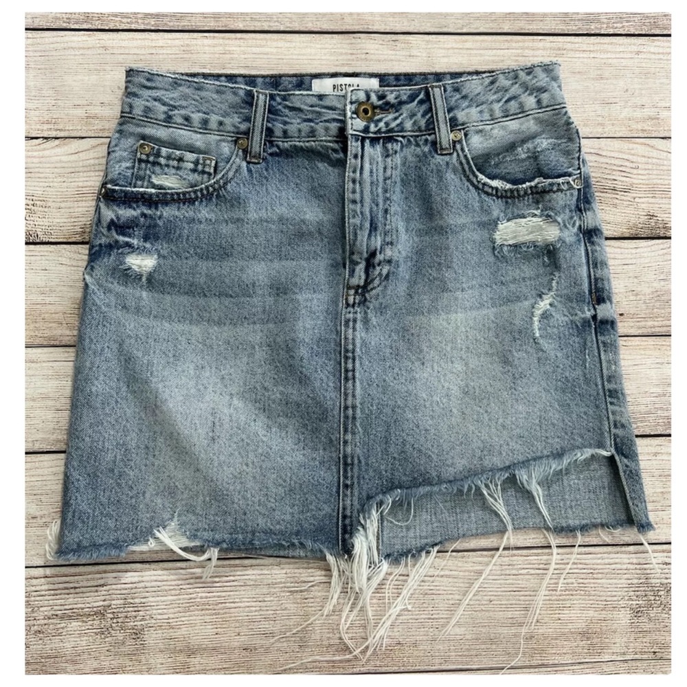 Pistola light wash distressed jean skirt with raw hem